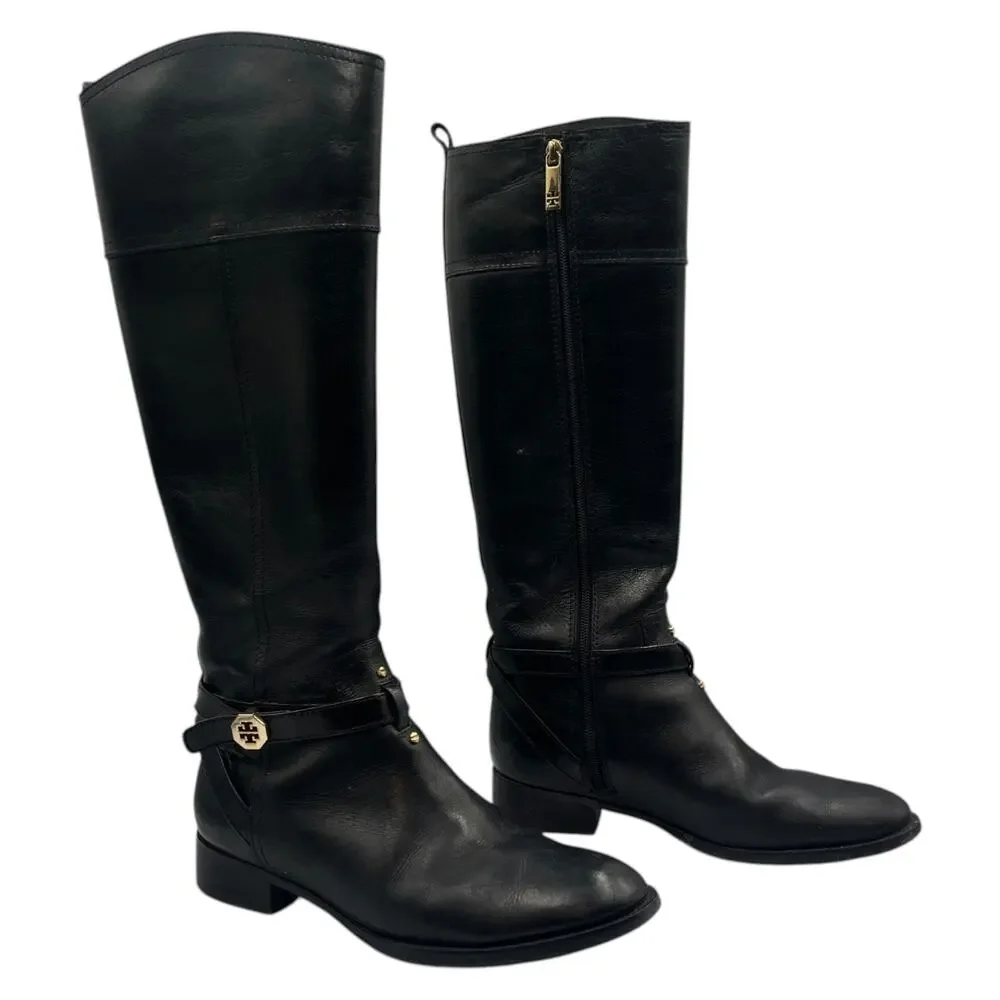 Tory Burch Brita Leather Tall Knee High Riding Boots Black Size 7.5M